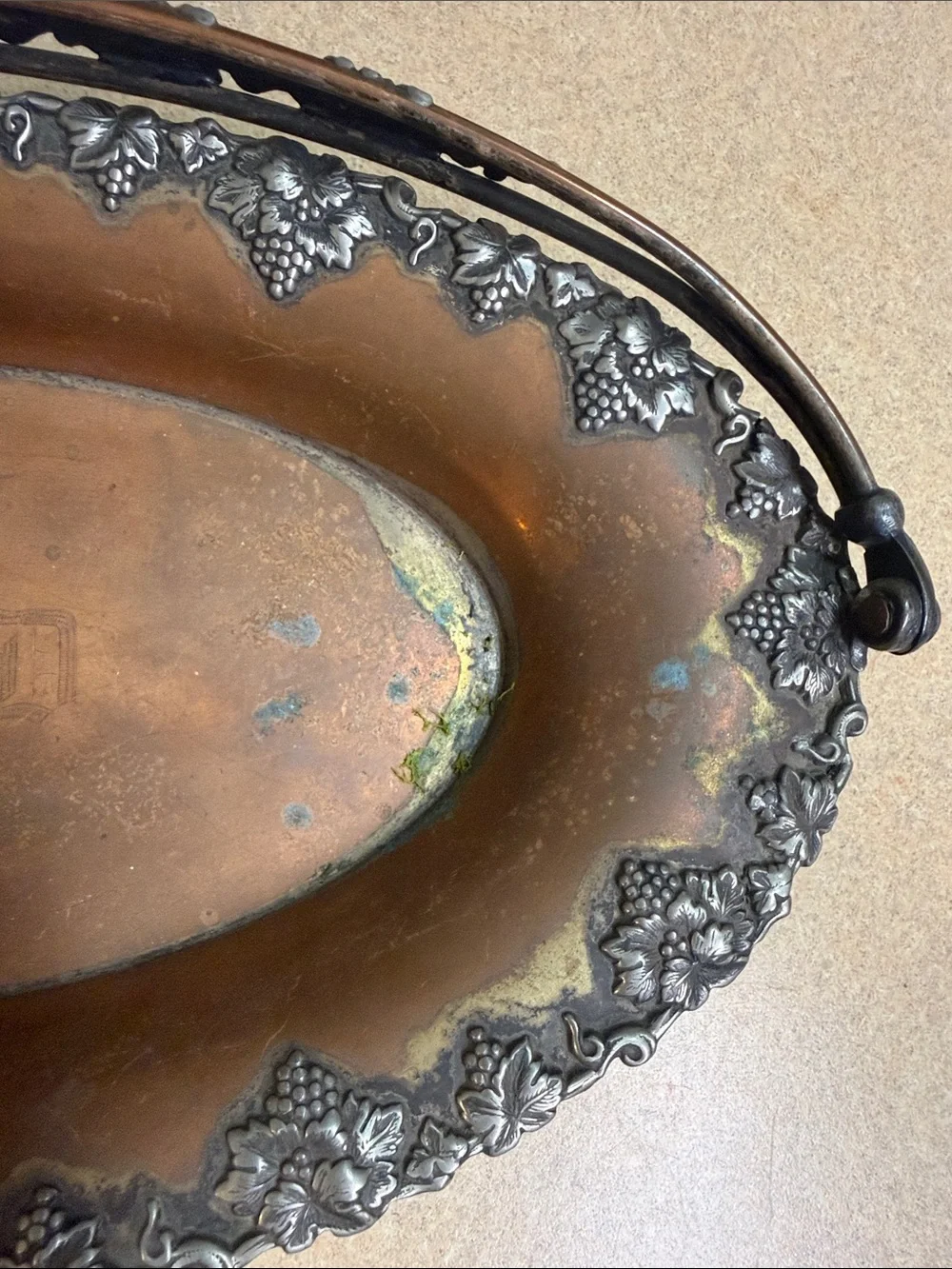 Sheffield Ornate Copper-Tone Grape Motif Handled Serving Basket